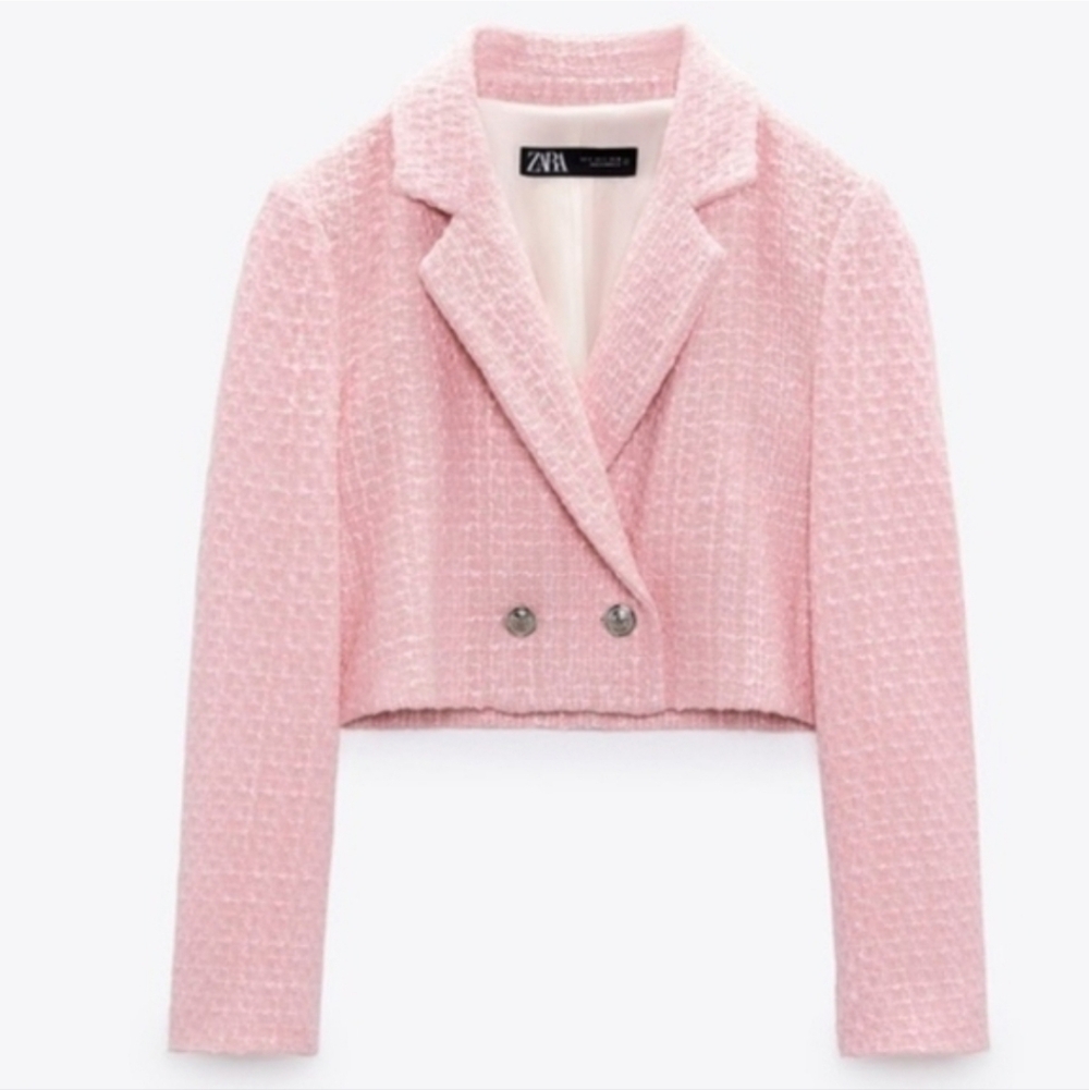 Zara Tweed Textured Cropped Blazer Pink Size XS - Picture 7 of 16